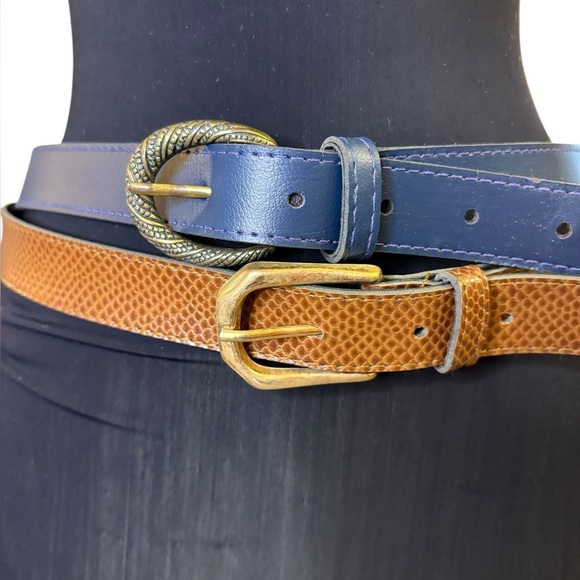 Vintage Accessories - Vintage Blue and Brown Leather Belts with Gold Buckles